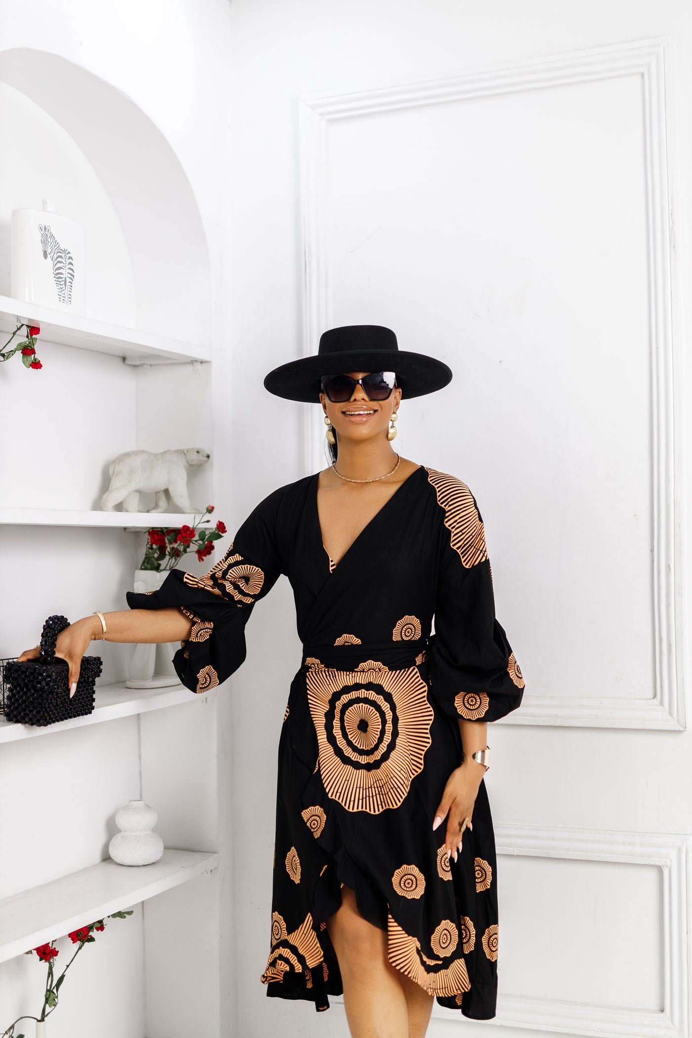 ANA AFRICAN PRINT MIDI WRAP DRESS [BLACK]