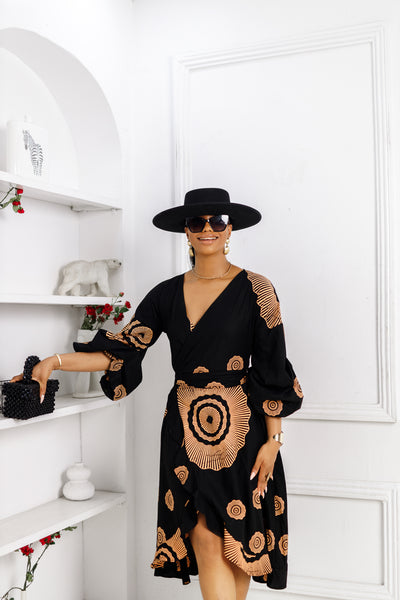 ANA AFRICAN PRINT MIDI WRAP DRESS [BLACK]