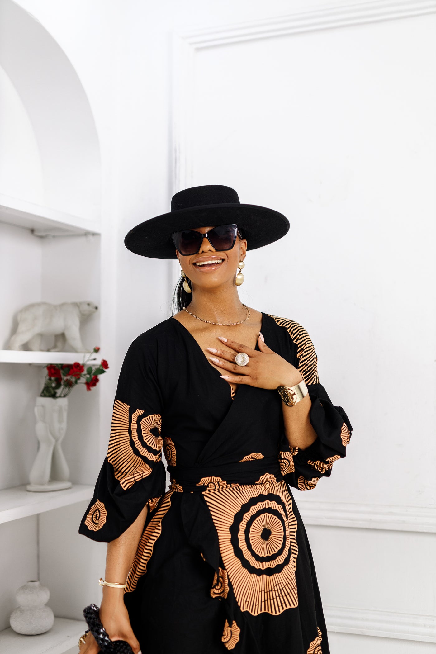 ANA AFRICAN PRINT MIDI WRAP DRESS [BLACK]