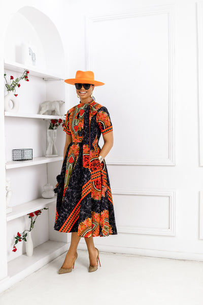 ANGELINA AFRICAN PRINT TIE NECK MIDI DRESS