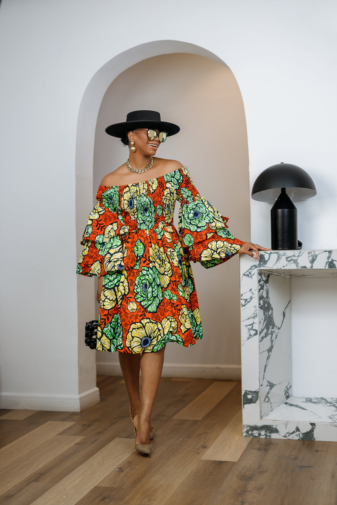 off shoulder dress african print BISI SMOCKED MIDI [ORANGE] SMALL 03 / Little Black US Child Size:child-3 Midi Length Care Instructions holiday party outfit