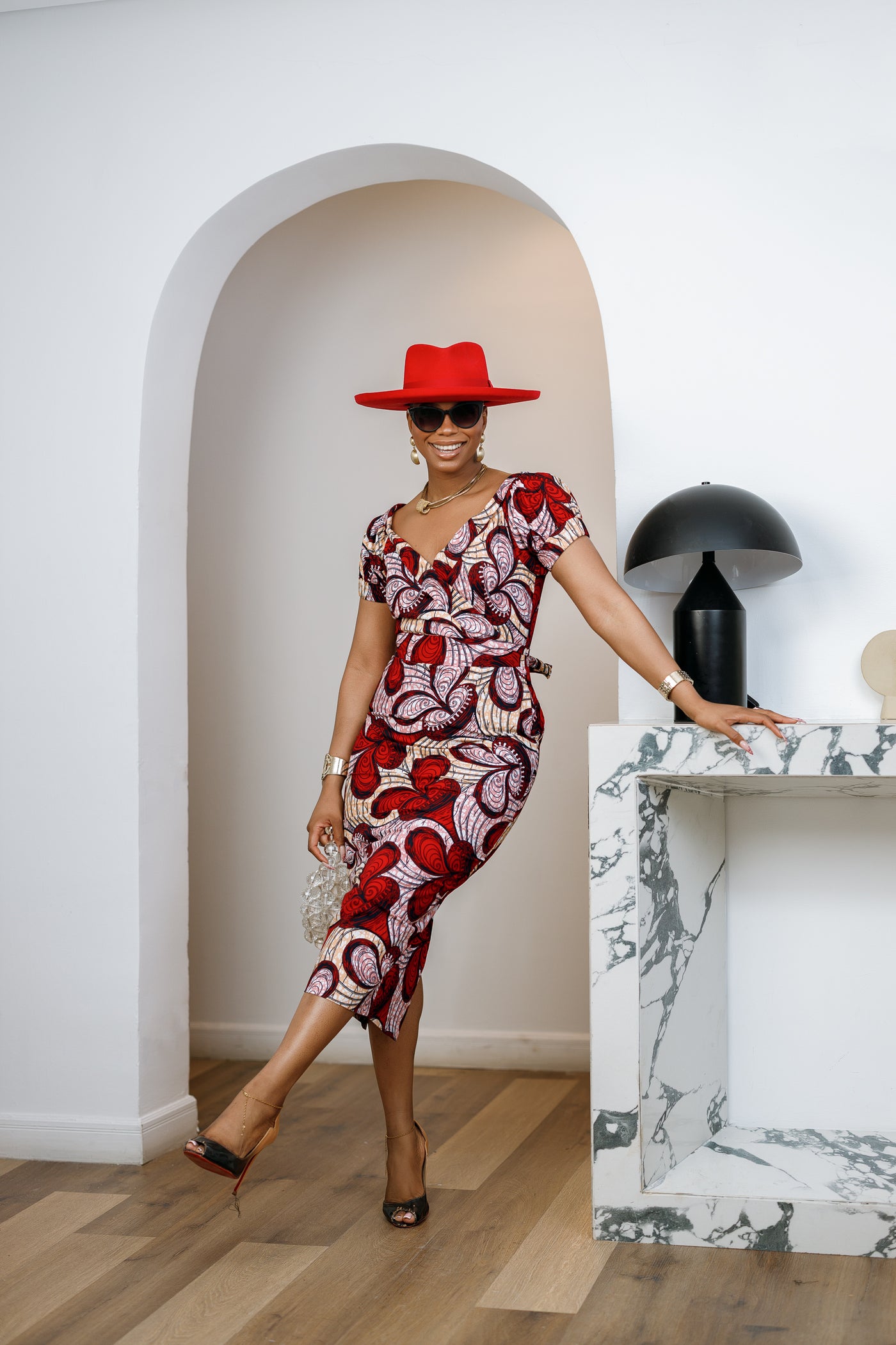 IDIA AFRICAN PRINT V-NECK PUFF SLEEVE MIDI DRESS [RED] – MAE OTTI