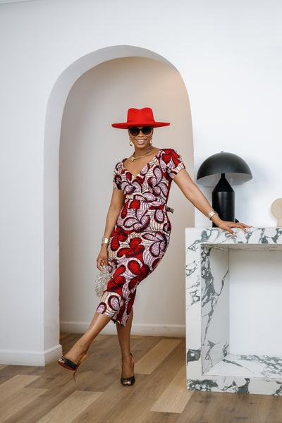 IDIA AFRICAN PRINT V-NECK PUFF SLEEVE MIDI DRESS [RED] – MAE OTTI
