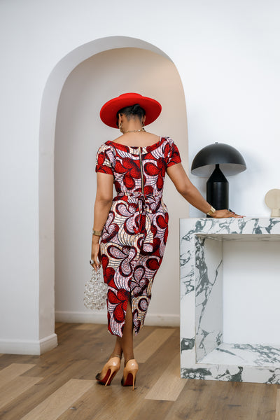 IDIA AFRICAN PRINT V-NECK PUFF SLEEVE MIDI DRESS [RED] – MAE OTTI