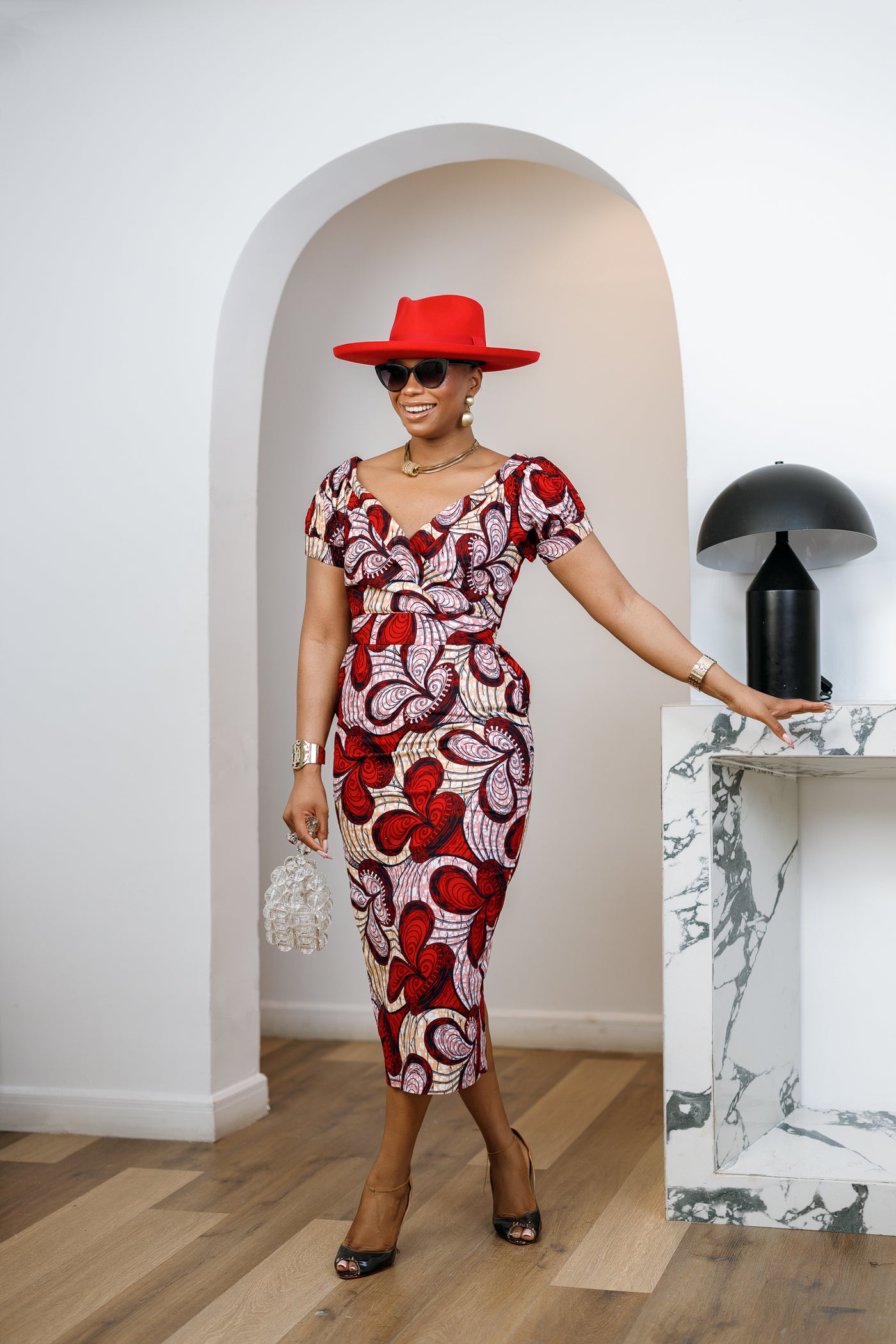 IDIA AFRICAN PRINT V-NECK PUFF SLEEVE MIDI DRESS [RED] – MAE OTTI