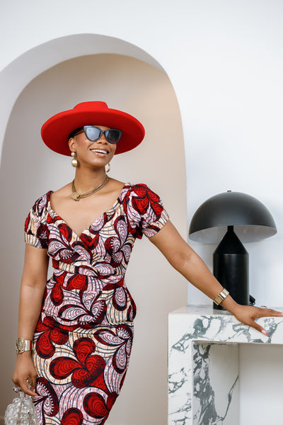 【Meee様】dress a dress イニシャルリング Y K18 IDIA AFRICAN PRINT V-NECK PUFF SLEEVE MIDI DRESS [RED] – MAE OTTI