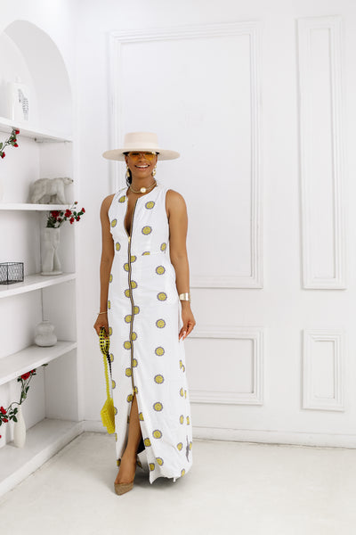 HALIMA AFRICAN PRINT MAXI FRONT ZIP DRESS [WHITE]