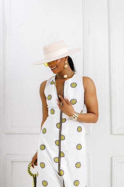 HALIMA AFRICAN PRINT MAXI FRONT ZIP DRESS [WHITE]