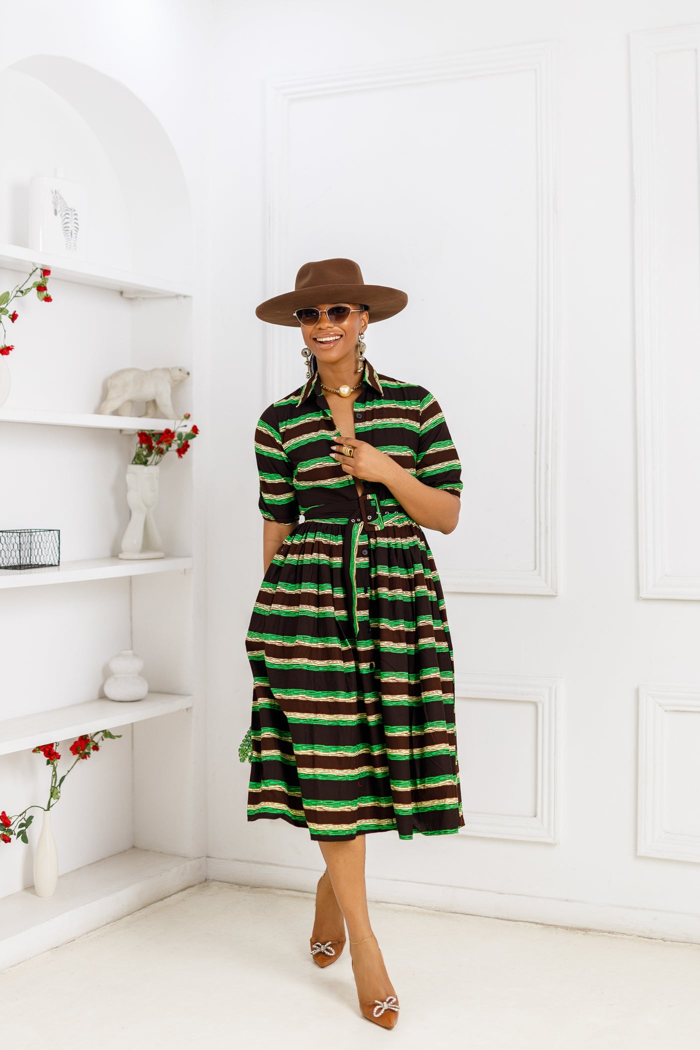MOREMI AFRICAN PRINT BUTTON DOWN DRESS [GREEN]
