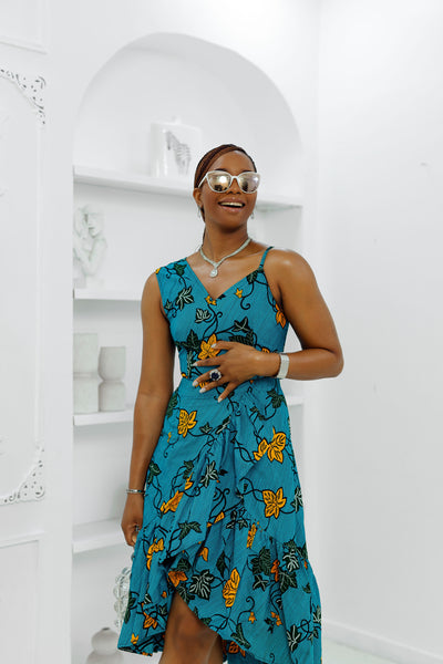 REMI AFRICAN PRINT SCALLOP PLEATED DRESS