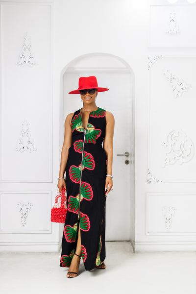 HALIMA AFRICAN PRINT MAXI FRONT ZIP DRESS