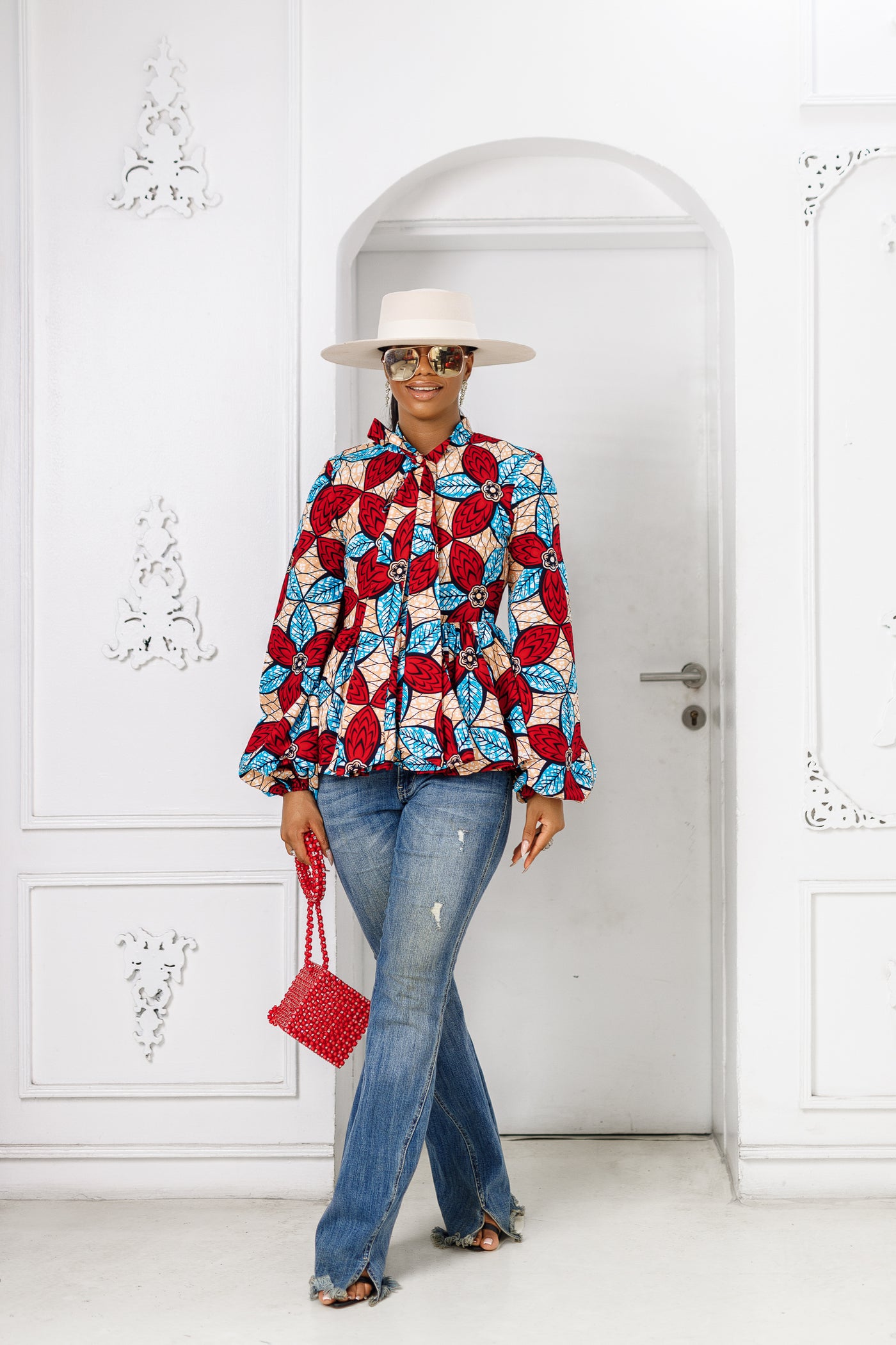 BIBI AFRICAN PRINT PUFF SLEEVE TOP [RED]