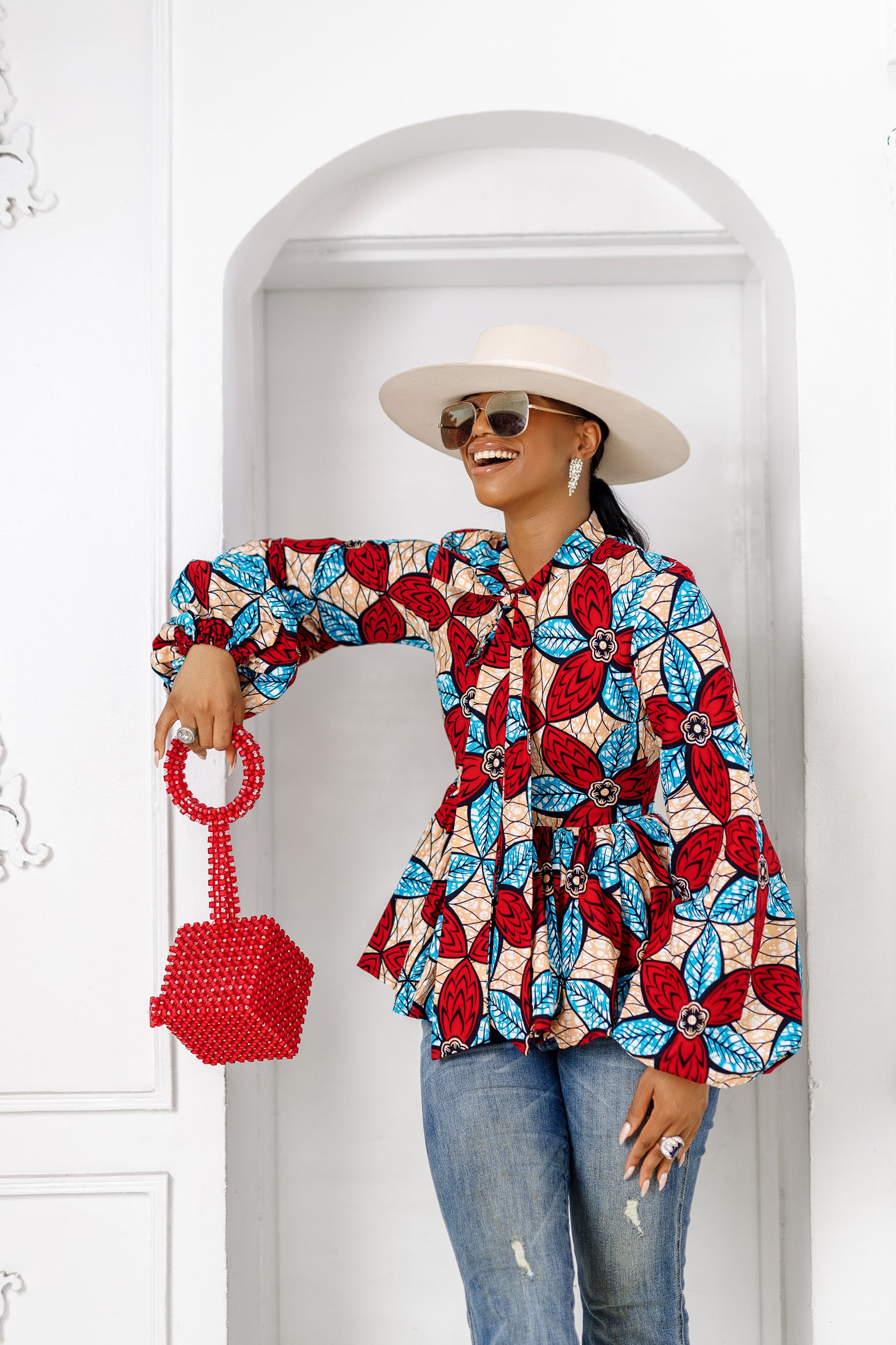 BIBI AFRICAN PRINT PUFF SLEEVE TOP [RED]
