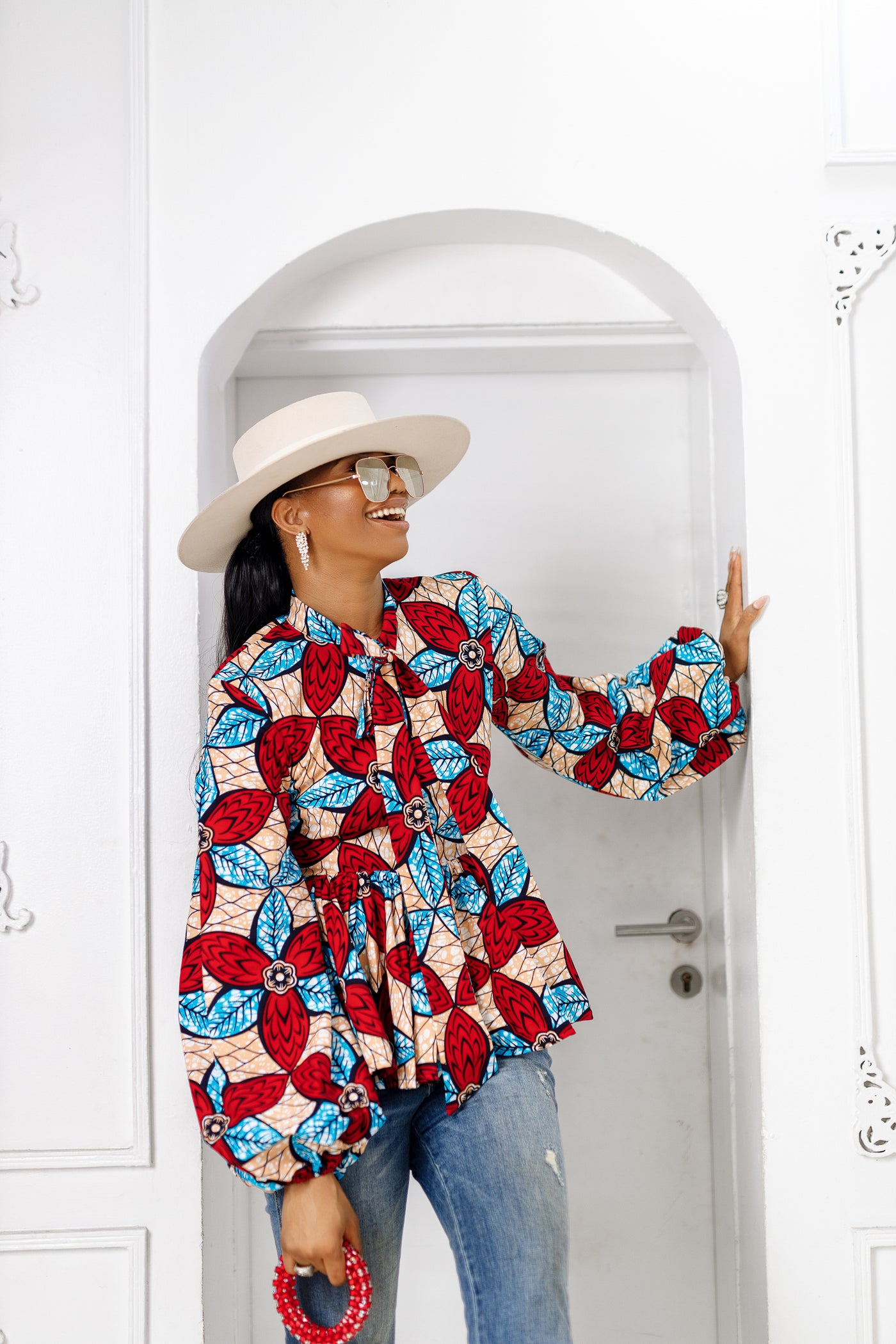BIBI AFRICAN PRINT PUFF SLEEVE TOP [RED]