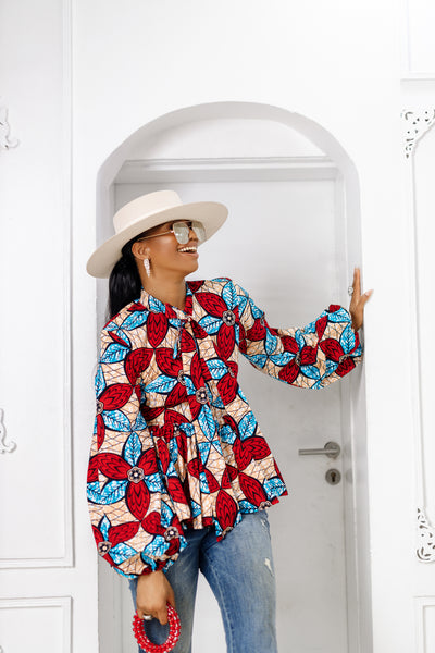 BIBI AFRICAN PRINT PUFF SLEEVE TOP [RED]
