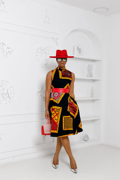 ZURI AFRICAN PRINT HIGH NECK DRESS [BLACK]
