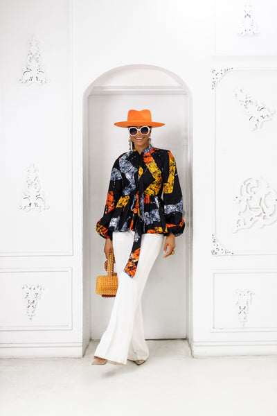 BIBI AFRICAN PRINT PUFF SLEEVE TOP [ORANGE]
