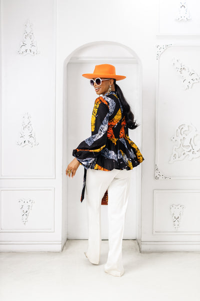 BIBI AFRICAN PRINT PUFF SLEEVE TOP [ORANGE]