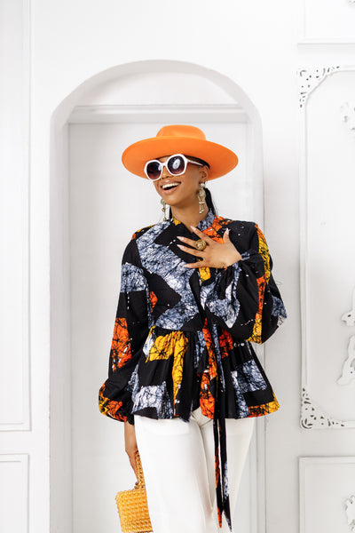 BIBI AFRICAN PRINT PUFF SLEEVE TOP [ORANGE]