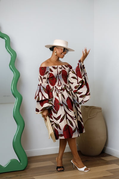 smocked off shoulder dress BISI AFRICAN PRINT MIDI 2X-LARGE open back printed gown Imported Product measurements Style:V Neck Jersey Crepe Ruffle Mini