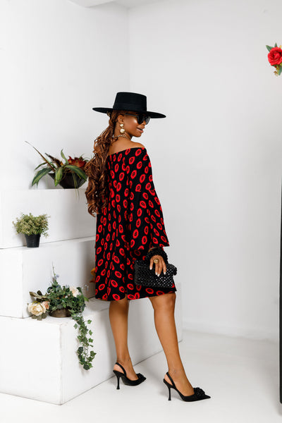 TIYE AFRICAN PRINT OFF SHOULDER DRESS [RED]