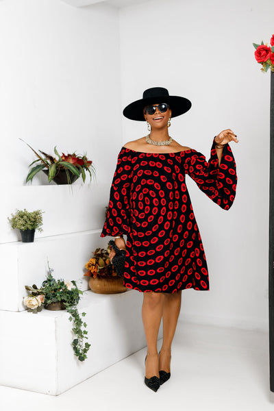 TIYE AFRICAN PRINT OFF SHOULDER DRESS [RED]