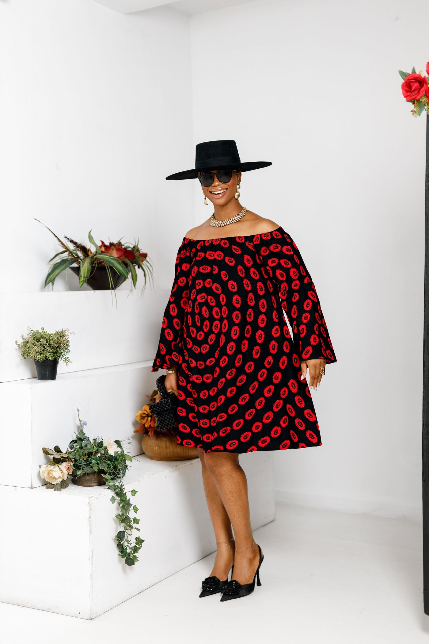 TIYE AFRICAN PRINT OFF SHOULDER DRESS [RED]