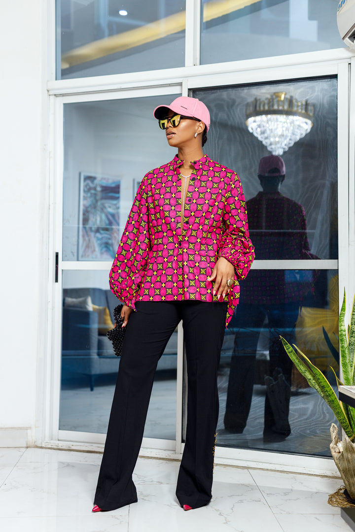 ELIZA AFRICAN PRINT PUFF SLEEVE SHIRT [PINK]