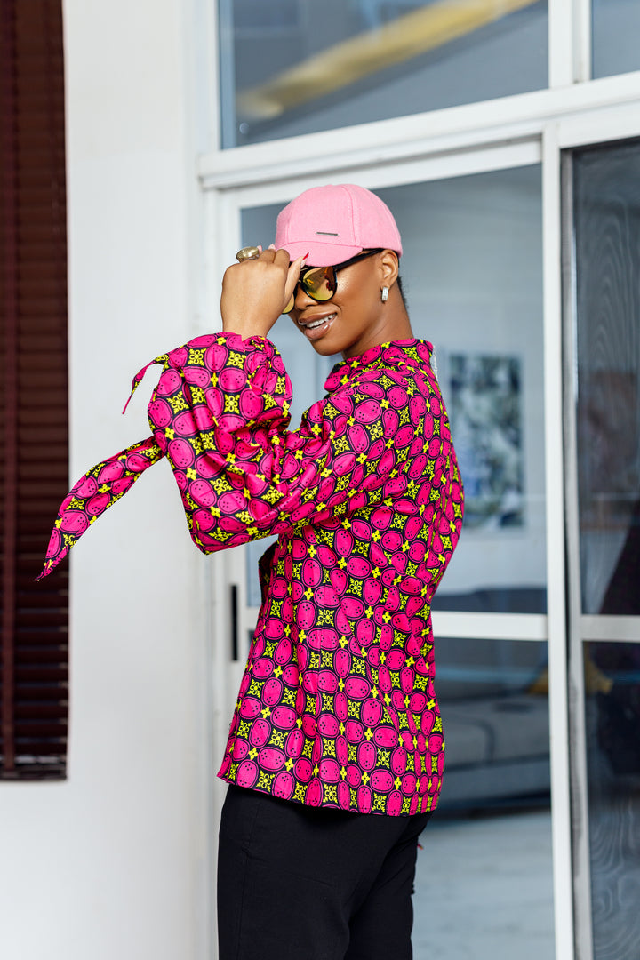 ELIZA AFRICAN PRINT PUFF SLEEVE SHIRT [PINK]