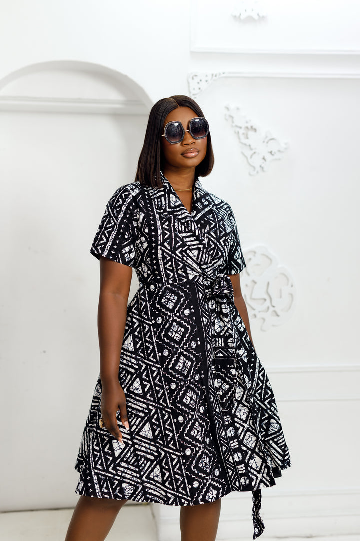 ABI AFRICAN PRINT WRAP DRESS [BLACK]