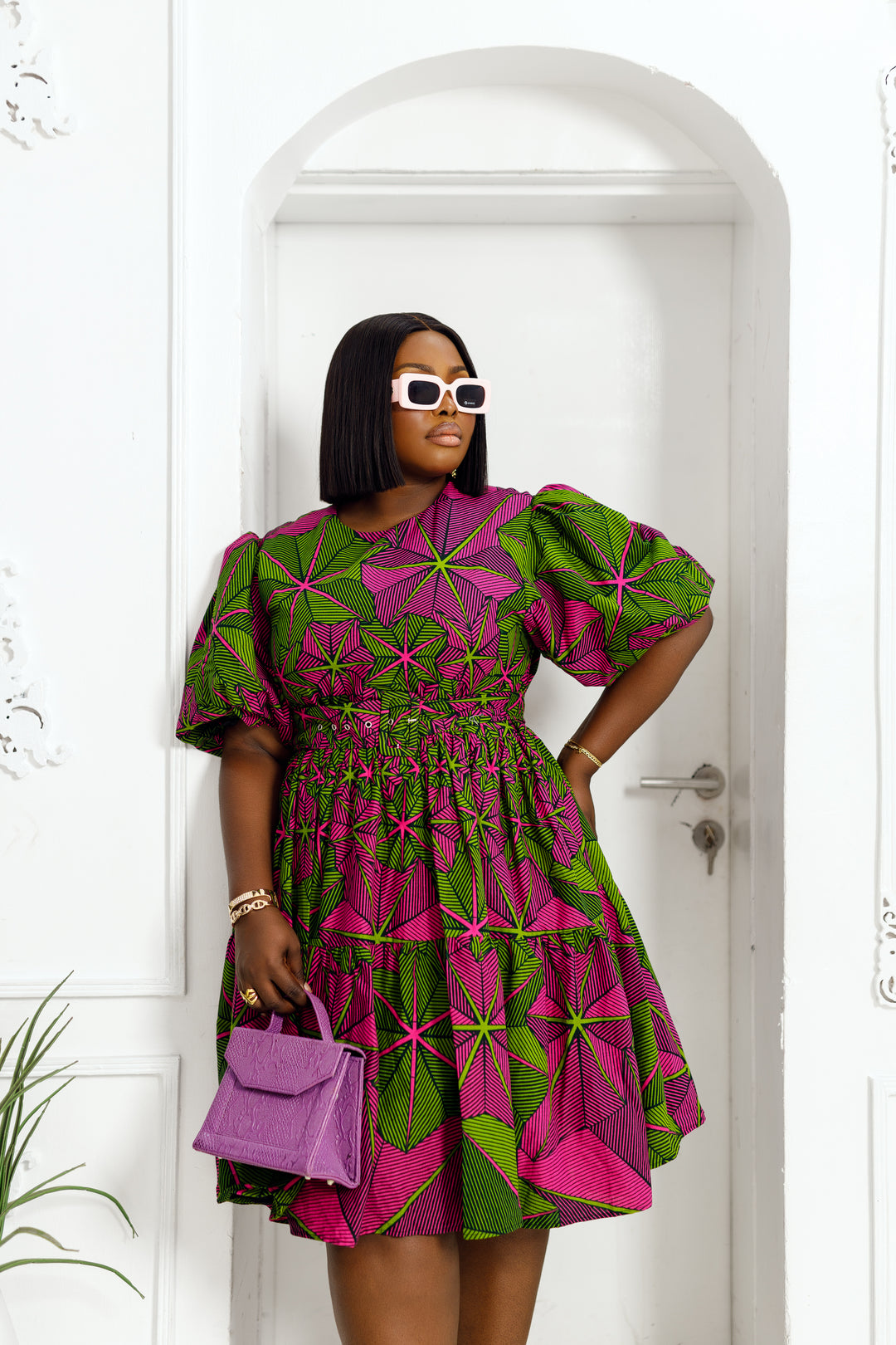 BUNMI AFRICAN PRINT PUFF SLEEVE MIDI DRESS PRE-ORDER [Ship on or before DEC 16TH]]