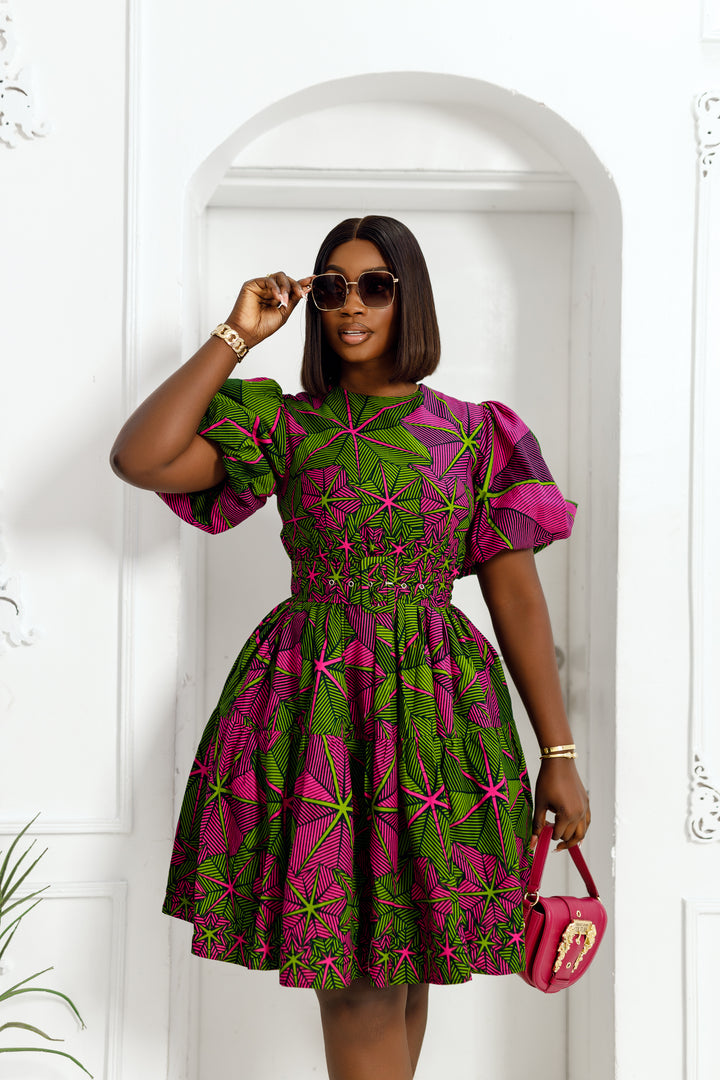 BUNMI AFRICAN PRINT PUFF SLEEVE MIDI DRESS PRE-ORDER [Ship on or before DEC 16TH]]