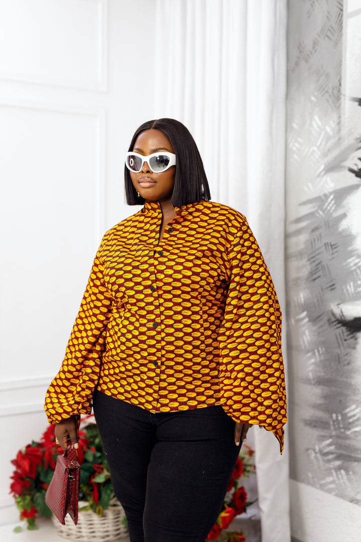 ELIZA AFRICAN PRINT PUFF SLEEVE SHIRT [ORANGE]