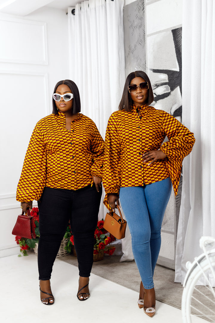 ELIZA AFRICAN PRINT PUFF SLEEVE SHIRT [ORANGE]