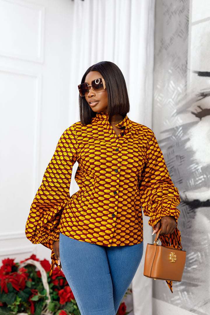 ELIZA AFRICAN PRINT PUFF SLEEVE SHIRT [ORANGE]