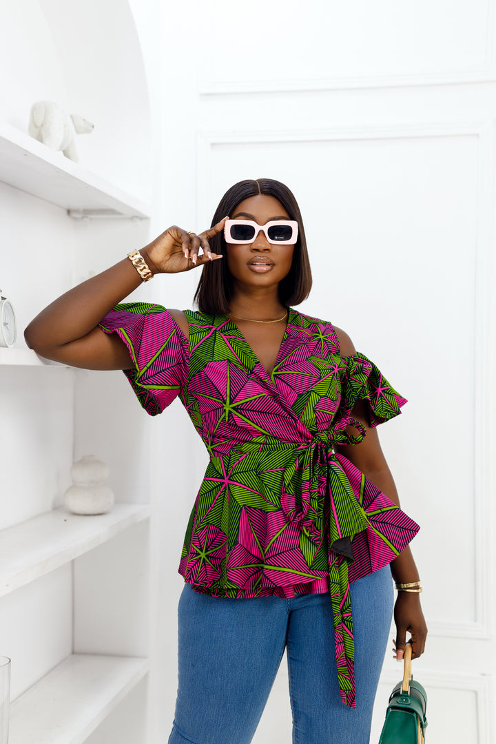 JEMIMA AFRICAN PRINT COLD SHOULDER WRAP TOP