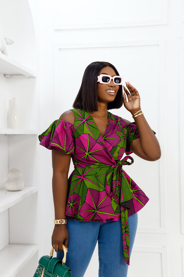JEMIMA AFRICAN PRINT COLD SHOULDER WRAP TOP