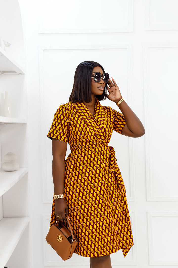 ABI AFRICAN PRINT WRAP DRESS [ORANGE]