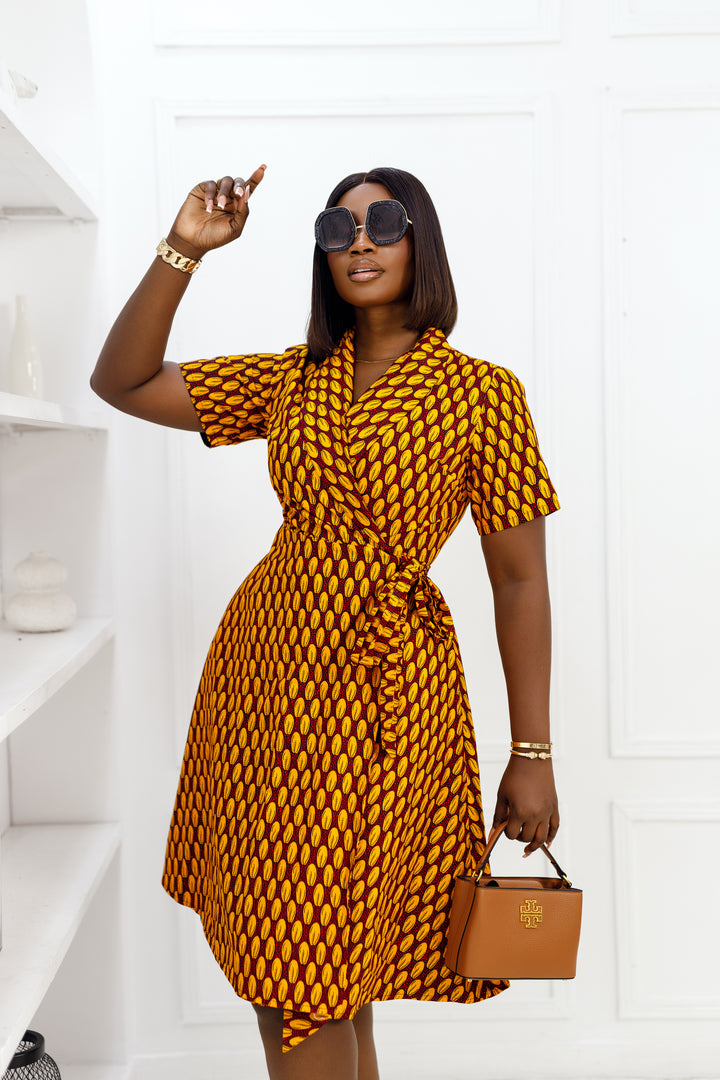 ABI AFRICAN PRINT WRAP DRESS [ORANGE]