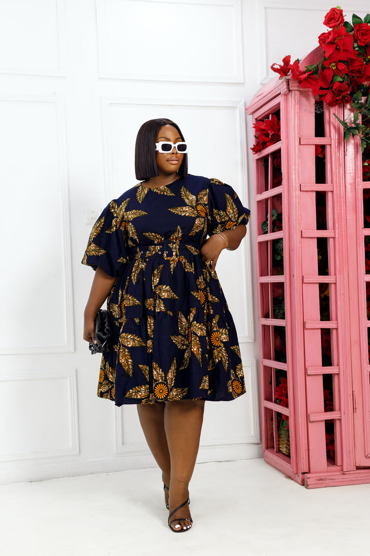 BUNMI AFRICAN PRINT PUFF SLEEVE MIDI DRESS [NAVY BLUE] PRE-ORDER [Ships on or before MAY 20TH]