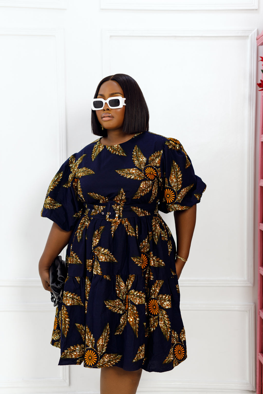 BUNMI AFRICAN PRINT PUFF SLEEVE MIDI DRESS [NAVY BLUE] PRE-ORDER [Ships on or before MAY 20TH]