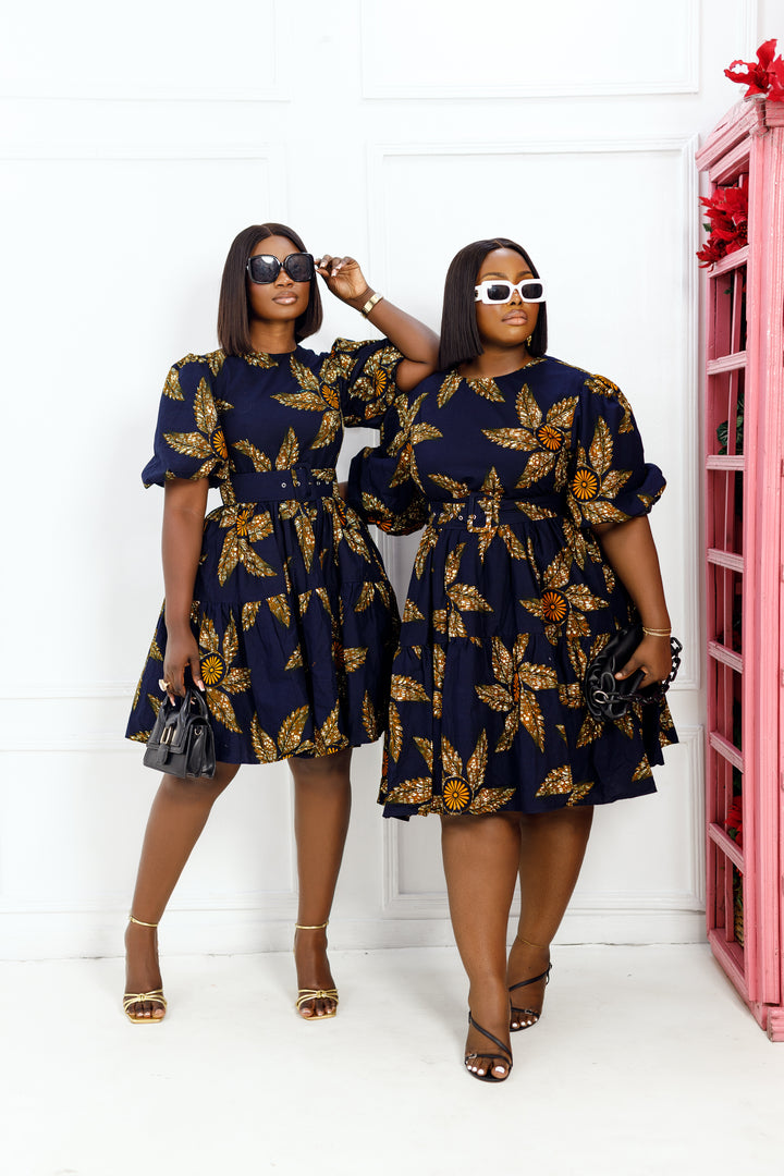 BUNMI AFRICAN PRINT PUFF SLEEVE MIDI DRESS [NAVY BLUE] PRE-ORDER [Ships on or before MAY 20TH]