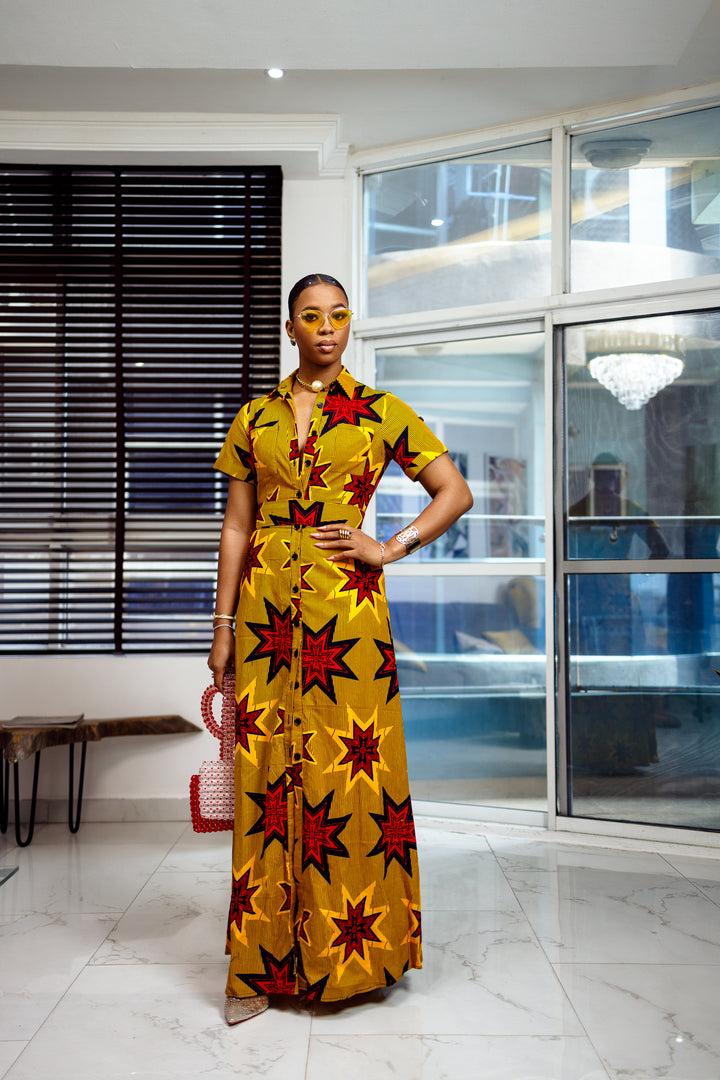QUEEN NANNY AFRICAN PRINT MAXI A-LINE SHIRT DRESS