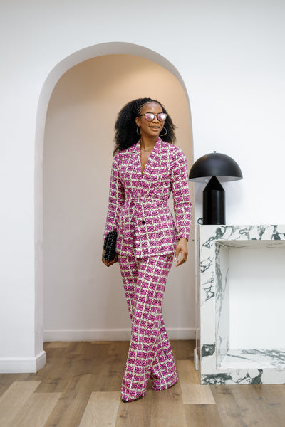 ZYLA AFRICAN PRINT TWO PIECE SUIT SET [PINK]