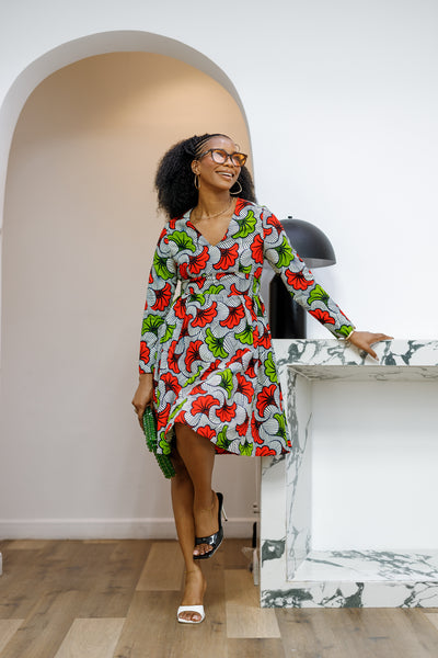 HIJA AFRICAN PRINT LONG SLEEVE MIDI DRESS [MULTICOLOR]