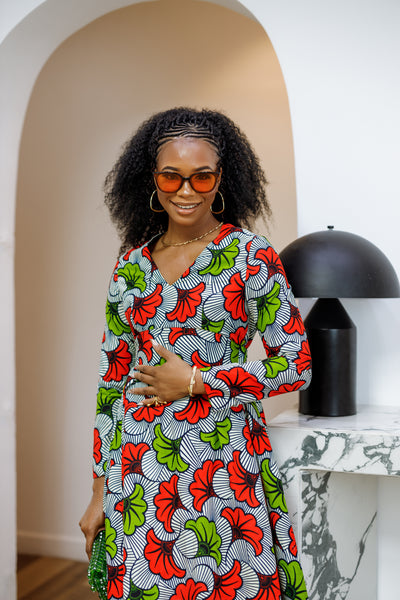 HIJA AFRICAN PRINT LONG SLEEVE MIDI DRESS [MULTICOLOR]