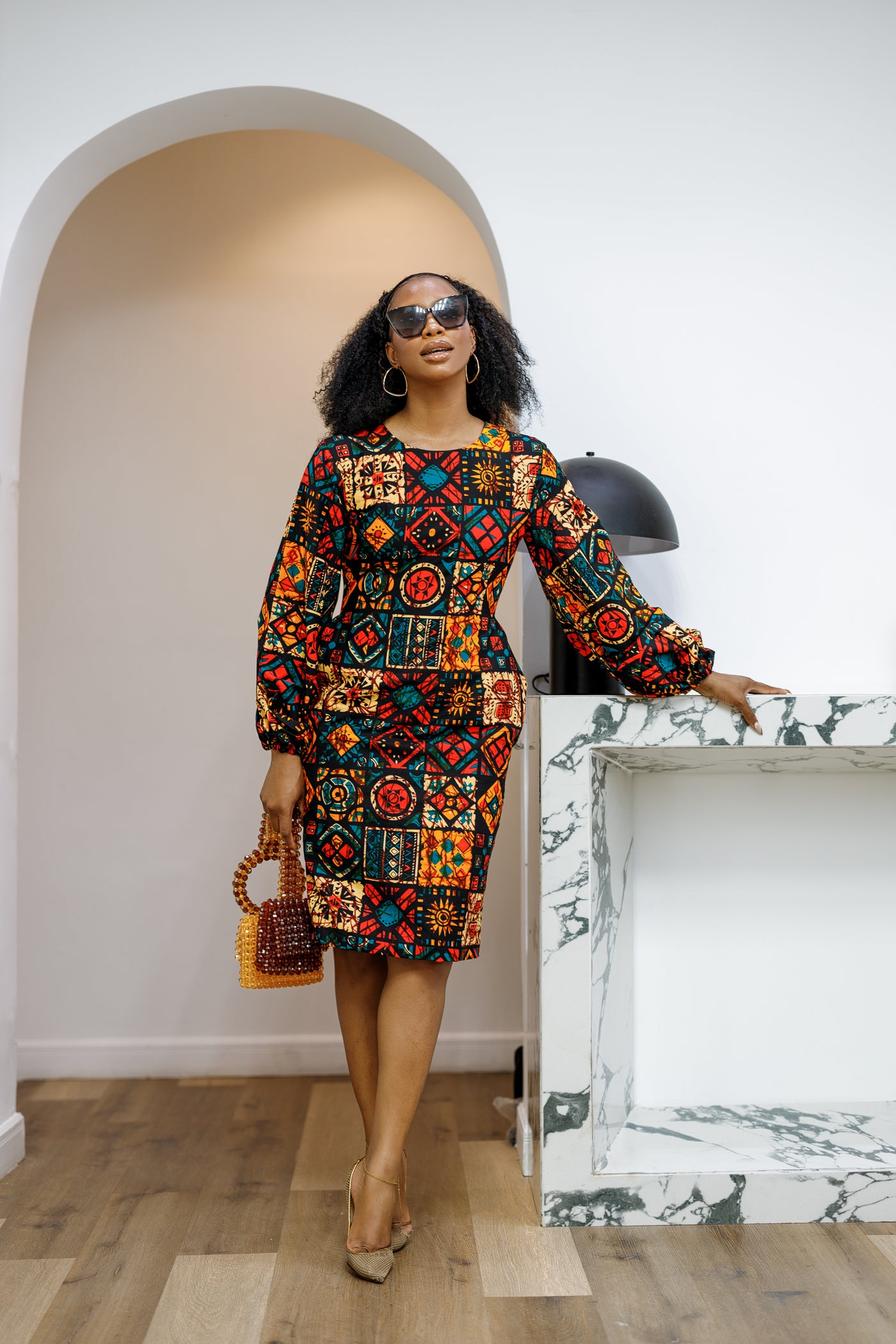 ZORA AFRICAN PRINT PUFF SLEEVE MIDI DRESS [PATCHWORK]