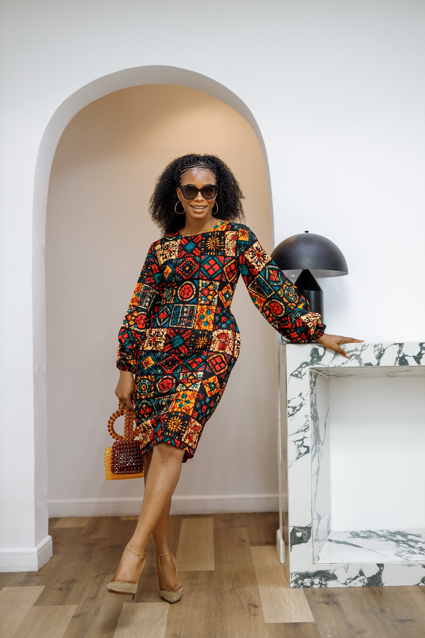 ZORA AFRICAN PRINT PUFF SLEEVE MIDI DRESS [PATCHWORK]