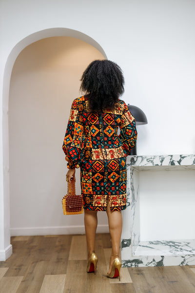 ZORA AFRICAN PRINT PUFF SLEEVE MIDI DRESS [PATCHWORK]