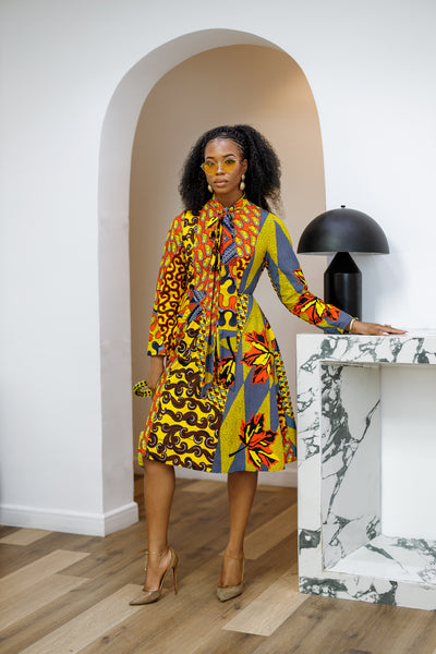 GILDA AFRICAN PRINT TIE-NECK MIDI DRESS [PATCHWORK]